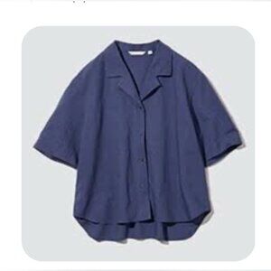 Uniqlo LINEN BLEND OPEN COLLAR SHORT SLEEVE Linen Blend Shirt blue
